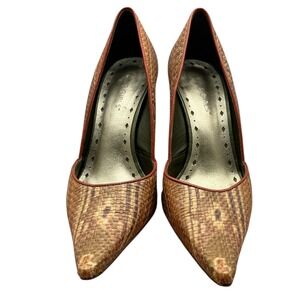 BCBGIRLS Woven Pointed Toe Pumps Brown Tan Stiletto Heels Leather Sole Size 6.5B